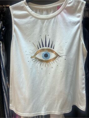 Evil Eye Graphic Print Round Neck Sleeveless Top Muscle Tee Metallic (SEE NOTE)